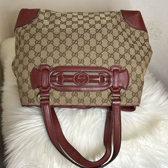 💯 Authentic Gucci Beige/Red GG Canvas and Leather Medium Supreme Tote🍀 - Picture 14 of 15